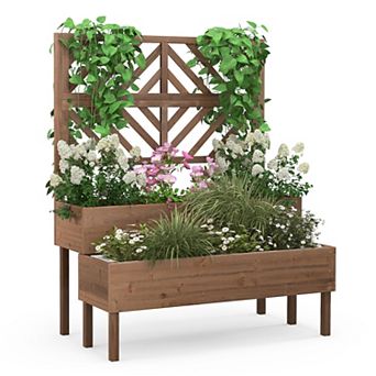 Costway 2 tier Raised Garden Bed with Trellis Wooden Elevated Planter Box for Vegetables