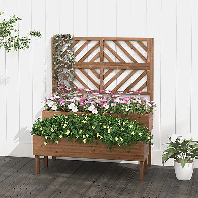 Costway 2-Tier Raised Garden Bed with Trellis Wooden Elevated Planter Box for Vegetables
