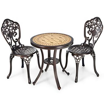 Costway 3 pc Patio Bistro Set Round Table Chairs All Weather Cast Aluminum Yard