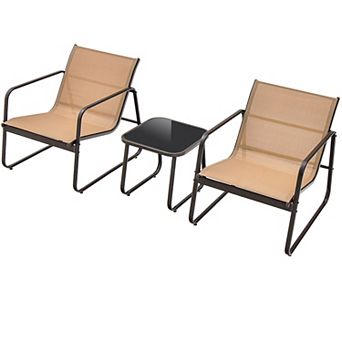 Costway 3 pc Patio Conversation Set Outdoor Metal Chair & Table Tempered Glass Top