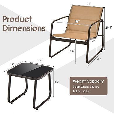 Costway 3 Pieces Patio Conversation Set Outdoor Metal Chair & Table Tempered Glass Top