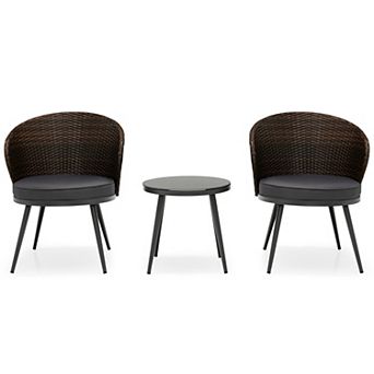 Costway 3 pc Patio Rattan Bistro Furniture Set Cushioned Chair Table Garden
