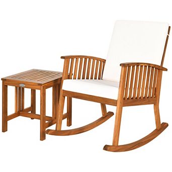 Costway 2 pc Acacia Wood Patio Rocking Chair Set Cushioned Coffee Table