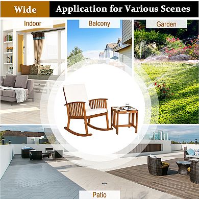 Costway 2PCS Acacia Wood Patio Rocking Chair Set Cushioned Coffee Table