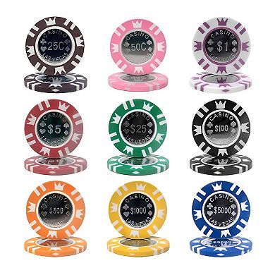 Coin Inlay Poker Chips 25 Piece $5,000 Set, Clay Composite, Metal Inlay Denominations