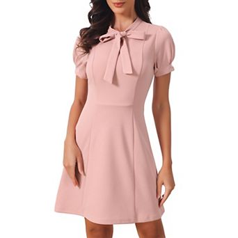 Work Dresses for Women's Tie Neck Puffy Short Sleeve Business Office Short Dress