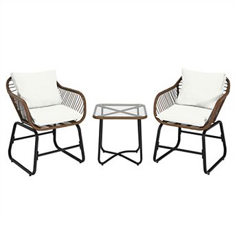 Costway 3 pc Patio Rattan Bistro Set Cushioned Chair Glass Table Deck
