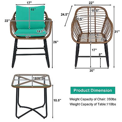 Costway 3PCS Patio Rattan Bistro Set Cushioned Chair Glass Table Deck