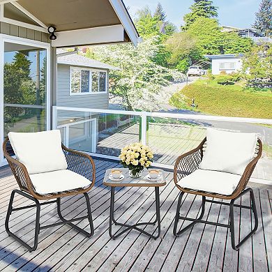 Costway 3PCS Patio Rattan Bistro Set Cushioned Chair Glass Table Deck