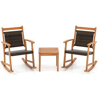 Costway 3 pc Patio Rattan Rocking Chair Bistro Set Acacia Wood Frame Armrest