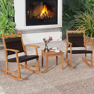 Costway 3PCS Patio Rattan Rocking Chair Bistro Set Acacia Wood Frame Armrest