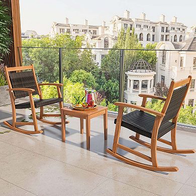 Costway 3PCS Patio Rattan Rocking Chair Bistro Set Acacia Wood Frame Armrest