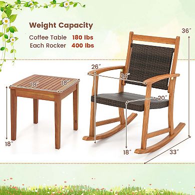 Costway 3PCS Patio Rattan Rocking Chair Bistro Set Acacia Wood Frame Armrest