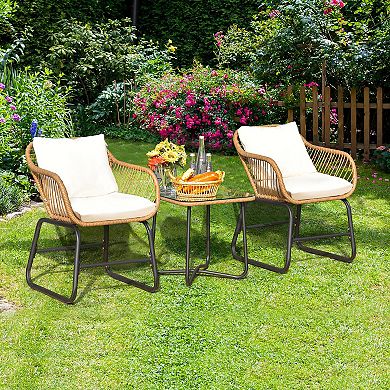 Costway 3PCS Patio Rattan Bistro Set All-Weather Cushioned Chair Table