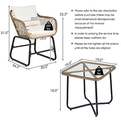 Costway 3PCS Patio Rattan Bistro Set All-Weather Cushioned Chair Table