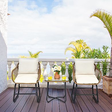 Costway 3PCS Patio Rattan Bistro Set All-Weather Cushioned Chair Table