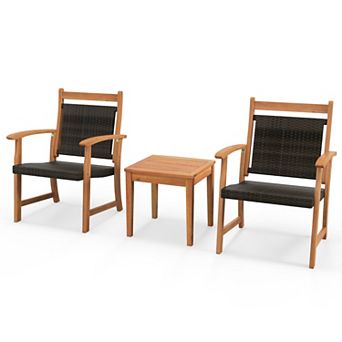 Costway 3 pc Patio Rattan Bistro Set Acacia Wood Frame Armrest Chairs Garden