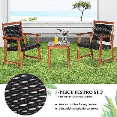 Costway 3PCS Patio Rattan Bistro Set Acacia Wood Frame Armrest Chairs Garden