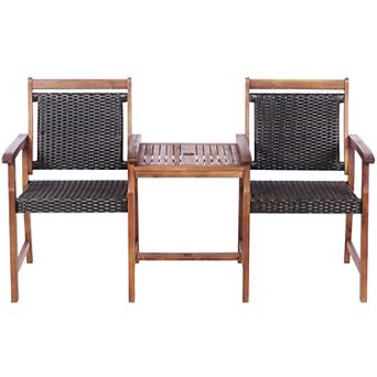 Costway 2-Seat Patio Rattan Bench Acacia Wood Frame Table W/Umbrella Hole Deck