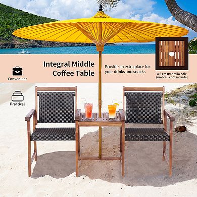 Costway 2-Seat Patio Rattan Bench Acacia Wood Frame Table W/Umbrella Hole Deck