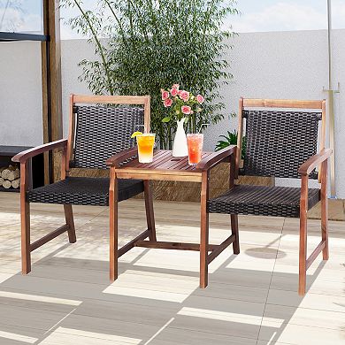 Costway 2-Seat Patio Rattan Bench Acacia Wood Frame Table W/Umbrella Hole Deck