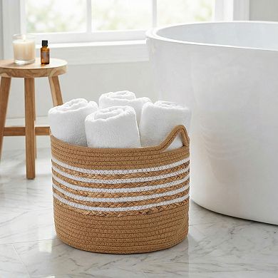 Woven Storage Basket for Blankets and Clothes Organizer Bin with Handles for Living Room