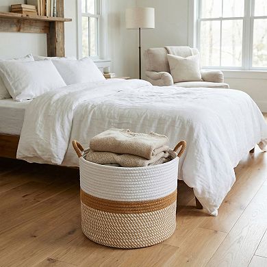 Woven Storage Basket for Blankets and Clothes Organizer Bin with Handles for Living Room