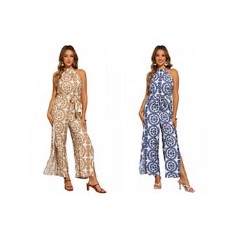 2 Packs Boho Jumpsuit for Women's Sleeveless Tie Halter Neck Belt Slit Wide Leg Pants