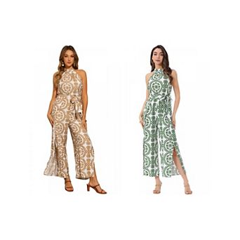 2 Packs Boho Jumpsuit for Women's Sleeveless Tie Halter Neck Belt Slit Wide Leg Pants