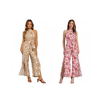 2 Packs Boho Jumpsuit for Women's Sleeveless Tie Halter Neck Belt Slit Wide Leg Pants