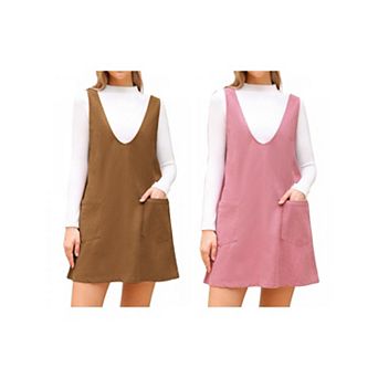 2 Packs Suspender Dress for Women's Fall Winter Corduroy Deep V Neck Casual Mini Pinafore Dress