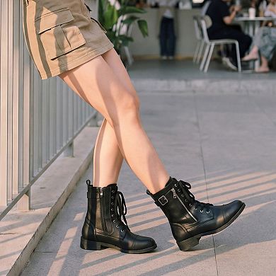 Women's Mid-Calf Booties Lace-up with Side Zipper Combat Boots