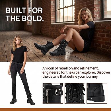 Women's Mid-Calf Booties Lace-up with Side Zipper Combat Boots