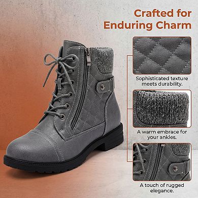 Women's Lace-up Ankle Boots Side Zipper Buckle Block Heel Combat Boots