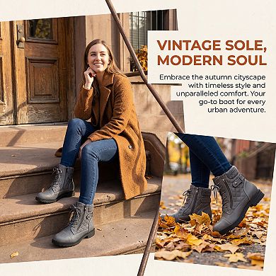 Women's Lace-up Ankle Boots Side Zipper Buckle Block Heel Combat Boots