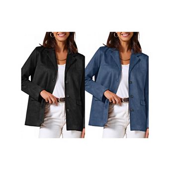 2 Packs Women's Faux Suede Blazer Jacket Vintage Casual Button Down Long Sleeve Blazer with Pockets