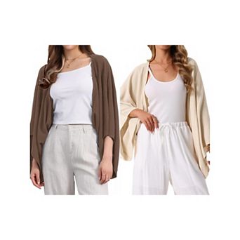 2 Packs Women's Summer Linen Cardigan 3/4 Sleeve Open Front Loose Cover Ups Lightweight Shrug