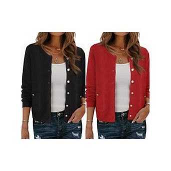 2 Packs Open Front Sweater for Women's Collarless Button Down Business Casual Chunky Knit Cardigans