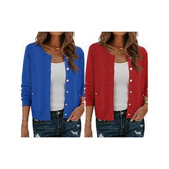 2 Packs Open Front Sweater for Women's Collarless Button Down Business Casual Chunky Knit Cardigans