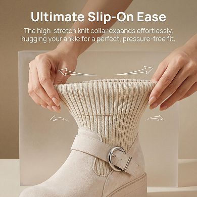 Women's Knit Cuff Ankle Boots Warm Buckle Block Heel Snow Boots
