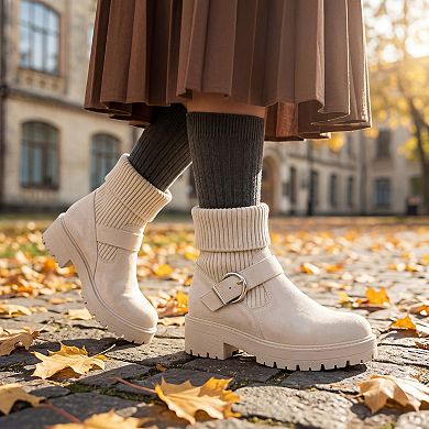 Women's Knit Cuff Ankle Boots Warm Buckle Block Heel Snow Boots