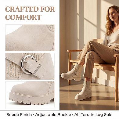 Women's Knit Cuff Ankle Boots Warm Buckle Block Heel Snow Boots