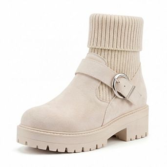 Women's Knit Cuff Ankle Boots Warm Buckle Block Heel Snow Boots