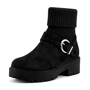 Women's Knit Cuff Ankle Boots Warm Buckle Block Heel Snow Boots