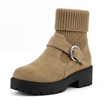 Women's Knit Cuff Ankle Boots Warm Buckle Block Heel Snow Boots