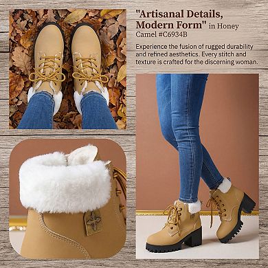 Women's Ankle Boots Warm Chunky Heel Lace-Up Snow Boots