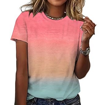 Women's Ombre Gradient Short Sleeve T-Shirt - Crew Neck Casual Tee