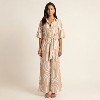 Women's Printed Wide Leg Jumpsuit Button Front Short Sleeve Tie Waist Relaxed Fit One Piece