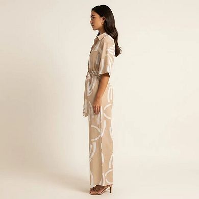 Women's Printed Wide Leg Jumpsuit Button Front Short Sleeve Tie Waist Relaxed Fit One Piece