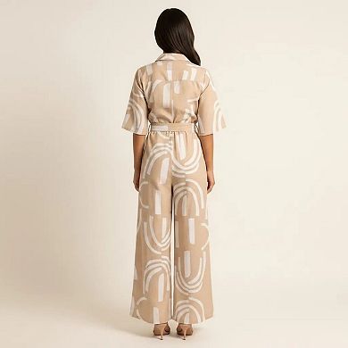 Women's Printed Wide Leg Jumpsuit Button Front Short Sleeve Tie Waist Relaxed Fit One Piece
